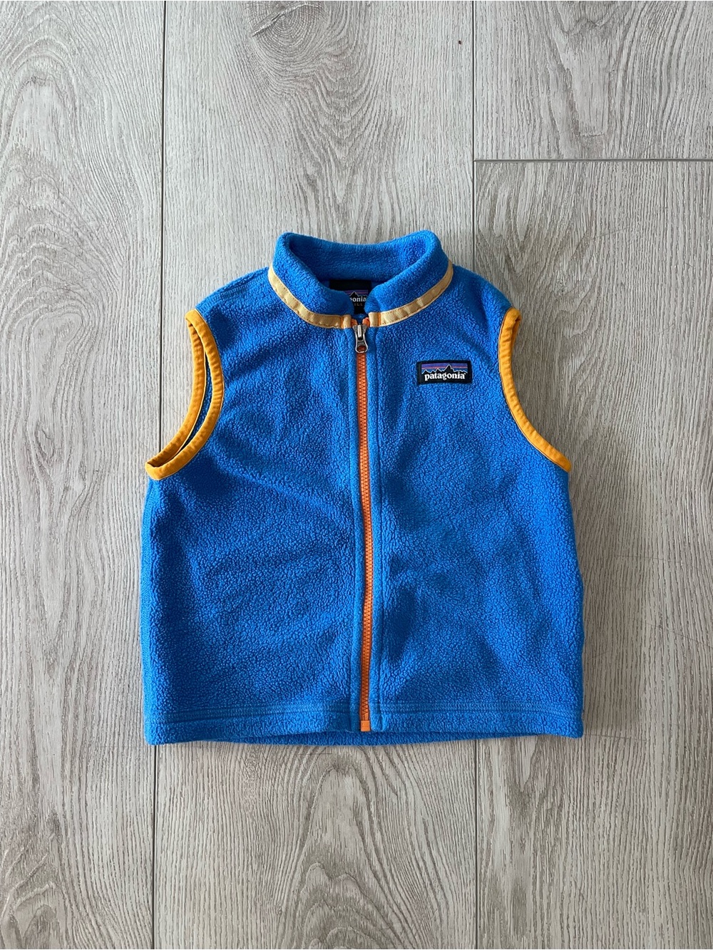Patagonia Kids Bright Blue Fleece Vest with Gold Trim, size 2T VGUC